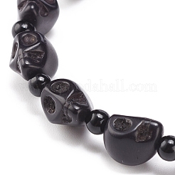 Natürlicher Mashan-Jade-Totenkopf und synthetisches türkisfarbenes (gefärbtes) Perlen-Stretch-Armband&nbsp;BJEW-JB08377-03