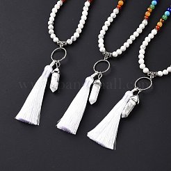 Collier pendentif balle et pompon en howlite naturelle avec chaînes de perles de pierres précieuses mélangées&nbsp;NJEW-E585-02H