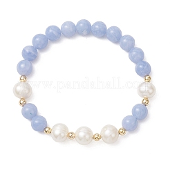 Braccialetti elastici per donna in agata blu tinta naturale e perle d'acqua dolce coltivate con perline rotonde&nbsp;BJEW-JB12706