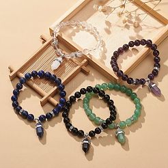 Braccialetto elasticizzato con perline rotonde in pietre preziose naturali con ciondoli a proiettile per donna&nbsp;BJEW-JB09018