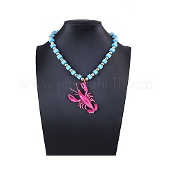 Collane con perline quadrate a strisce con ciondolo a forma di aragosta rosa in plastica e catene terminali in lega&nbsp;NJEW-D336-02G