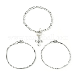 3 Stück 3 Stil 316 chirurgischer Edelstahl Box & venezianische Kette Armband Set mit Kreuzanhängern&nbsp;BJEW-FS0001-07