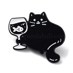 Estilo de dibujos animados con alfileres de esmalte de gato con copa de pescado, Insignia de aleación negra para hombres y mujeres., negro, 28x31x1.5mm