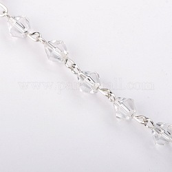 Chaînes de perles de verre bicone manuelles pour fabrication de bracelets et colliers, avec épingle à œil en fer plaqué couleur argent, non soudée, clair, 39.3 pouce, perles: 6 mm