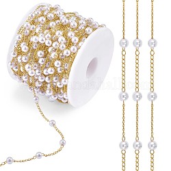 Cadena de cuentas de perlas de plástico, con las cadenas del encintado de latón, soldada, con carrete, dorado, 4mm, aproximadamente 32.81 pie (10 m) / rollo