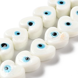 Handmade Evil Eye Lampwork Beads Strands, Heart, White, 14.5x16x7mm, Hole: 1.4mm, about 25pcs/strand, 12.99''(33cm)