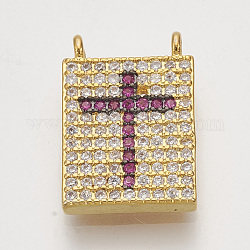 Ciondoli di zirconi in ottone, rettangolo con croce, oro, camelia, 16x11x2.5mm, Foro: 1 mm
