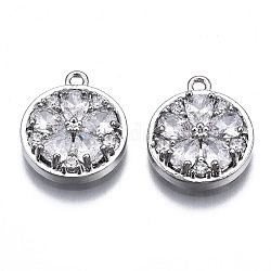 Brass Micro Pave Clear Cubic Zirconia Charms, Flat Round with Flower, Platinum, 13x11.5x3mm, Hole: 1.2mm