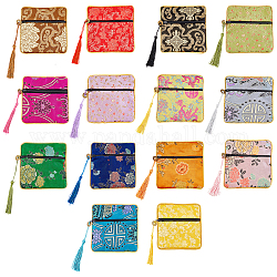 Nbeads 14Pcs 14 Colors Chinese Brocade Tassel Zipper Jewelry Bag Gift Pouch, Square, Mixed Color, 11.5x11.5cm, 1pc/color