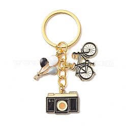 Porte-clés pendentif en émail en alliage de montgolfière/appareil photo/vélo, avec les accessoires en fer, or, 6.95 cm