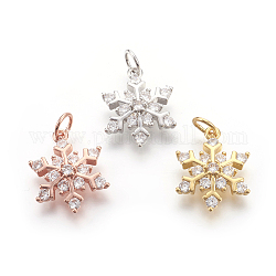 Brass Micro Pave Cubic Zirconia Pendants, Lead Free & Cadmium Free & Nickel Free, Snowflake, Mixed Color, 13x17x4mm, Hole: 3mm