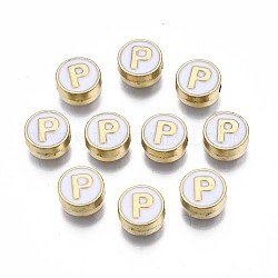 Perline smaltato in lega,  cadmio& piombo libero, oro chiaro, piatta e rotonda con l'alfabeto, bianco, letter.p, 8x4mm, Foro: 1.5 mm