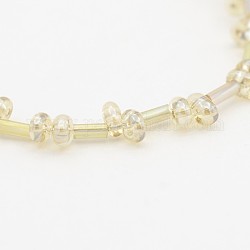 Chapelets de perle ovale en verre électrolytique avec 2 trou, perle plaquée lustre, avec des perles de bugle de verre, beige, 5x3mm, Trou: 1mm, Environ 114 pcs/chapelet, 17.3 pouce