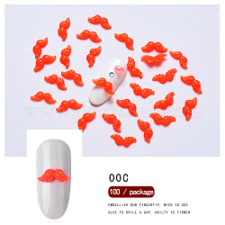Cabochons résine moustache décoration nail art, goujon d'ongles en poudre scintillante, pour accessoire de conception d'art d'ongle de bricolage, rouge-orange, 11x4x2mm, 100 pcs /sachet 