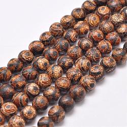Brins de perles dzi à 3 œil de style tibétain, Perles d'agate naturelle & teintée, Style mat, ronde, selle marron, 10mm, Trou: 1.5mm, Environ 39 pcs/chapelet, 16 pouce