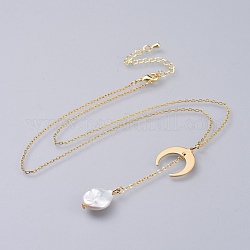 Colliers à pendentif perle keshi perle baroque naturelle, avec des pendentifs en laiton, chaînes de câbles et pinces à homard, double corne / croissant de lune, or, 16.5 pouce (42 cm)