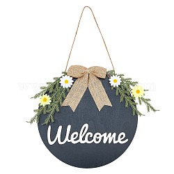 Welcome Sign Natural Wood Door Hanging Decoration for Front Door Decoration, with Hemp Rope, Flat Round with Bowknot, Black, 52cm