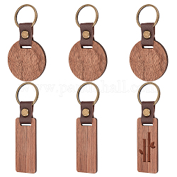 Nbeads 6Pcs 2 Style Imitation Leather & Walnut Wood Keychain, with Iron Findings, Rectangle & Round, Coconut Brown, 9.1~10.8cm, 3pcs/style