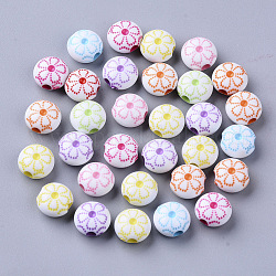 Perles en acrylique de style artisanal, plat et circulaire avec fleur, couleur mixte, 9.5x10x6mm, Trou: 2.5mm, environ 1500 pcs/500 g