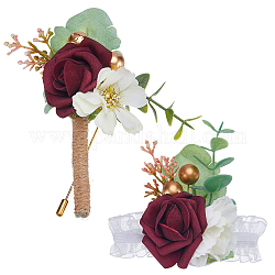 Craspire 2 Stück 2-Stil-Stoff und Kunststoff-Rosen-Ansteckblume und Handgelenk-Anstecknadeln, mit Seidenband, für die Hochzeit, Partydekoration, dunkelrot, 55~122 mm, 1pcs / style