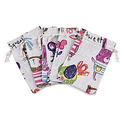 Chaton polycoton (coton polyester) pochettes d'emballage sacs à cordon, avec chat et souris de dessin animé imprimés, vieille dentelle, 14x10 cm