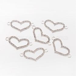 Heart Alloy Grade A Rhinestone Links connectors, Silver Color Plated, 37x19x2mm, Hole: 1mm