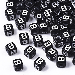 不透明なアクリルビーズ  水平穴  アルファベットスタイル  キューブ  ブラック＆ホワイト  文字.b  5x5x5mm  穴：2mm  約5000個/500g