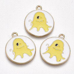 Alloy Pendants, Cadmium Free & Lead Free, with Enamel, Flat Round with Ghost, Light Gold, Yellow, 26x23x1.5mm, Hole: 2mm
