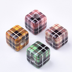 Perline in resina stampata, perline a quadri, perline con foro grande, perline a quadri, cubo con motivo tartan, colore misto, 19.5x19.5x19.5mm, Foro: 7.5 mm
