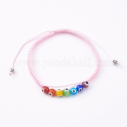 Bijoux chakra, bracelet de perles tressées en cordon de nylon ajustable, avec des perles rondes au chalumeau et des perles d'espacement en alliage, rose, diamètre intérieur: 2-1/8~3-1/2 pouce (5.5~9 cm)