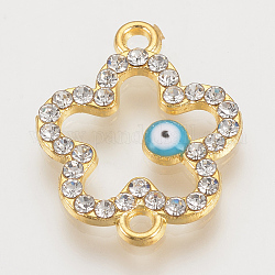 Conectores de enlaces de rhinestone de aleación, sin plomo y cadmio, flor con el mal de ojo, el cielo azul, dorado, 21.5x17x2mm, agujero: 1.5 mm