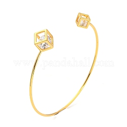 Clear Cubic Zirconia Cuff Bangles, Real 18K Gold Plated Brass Wristband, Cube, Inner Diameter: 2-3/8 inch(6.05cm)