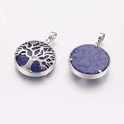 Lapis lazuli naturale ciondoli, con accessori di ottone, platino, piatta e rotonda con l'albero, 31x27x6.5~7mm, Foro: 5x8 mm