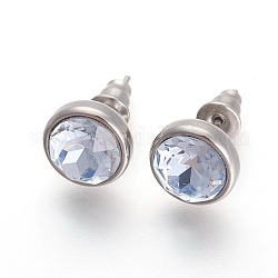 304 Stainless Steel Stud Earrings, with Rhinestone, Flat Round, Light Sapphire, 10x6mm, Pin: 0.9mm