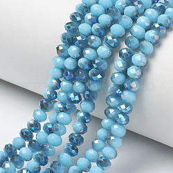 Chapelets de perles en verre opaque de couleur unie, demi-plaqué, bleu plaqué, facette, rondelle, bleu profond du ciel, 8x6mm, Trou: 1mm, Environ 65~68 pcs/chapelet, 15.7~16.1 pouce (40~41 cm)