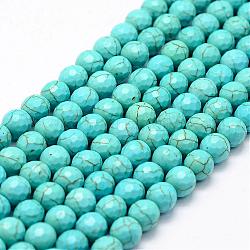Sfaccettati filati sintetici di perle turchesi, tondo, tinto, cielo blu, 8mm, Foro: 1.2 mm, circa 48~49pcs/filo, 14.5 pollice.