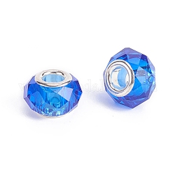 Facettierten Glas European Beads, Großloch perlen, mit silberfarbenen Messingkern, Rondell, Verdeck blau, 13.5~14x8.5~9 mm, Bohrung: 5 mm