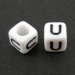 Perles européennes de lettre en acrylique, trou horizontal, cube, letter.u, 10x10x10mm, Trou: 3.5~4mm, environ 598 pcs/500 g