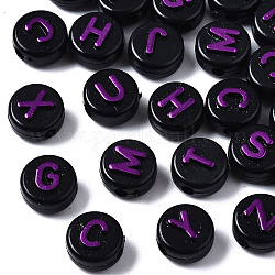 Perles noires opaques acryliques, plat rond avec des lettres aléatoires, orchidée noire, 9.5x6mm, Trou: 2mm, environ 1550 pcs/500 g