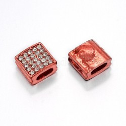 Alloy Rhinestone Slide Charms, Square Beads, Red, 12x12x5.5mm, Hole: 2x6mm