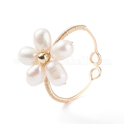 Flor alambre de cobre envuelto perla anillos de dedo, anillo de puño para mujer, dorado, nosotros tamaño 8 (18 mm), 1~3.5mm
