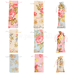 Ahadermaker 9pcs 9 bolsas de seda estilo, bolsa con cordón, rectángulo con patrón de peonía, color mezclado, 16.3~24x7.8~8.5x0.4 cm, 1pc / estilo