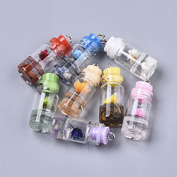 Glass Bottle Pendant Decorations, with Natural Gemstone & Dried Flower, Resin Tampions and Platinum Plated Iron Findings, 28~29x11mm, Hole: 1.8mm