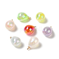 UV Plating Acrylic Pendants, with Light Gold Tone Brass Findings, Teardrop Charm, Mixed Color, 19.5x12mm, Hole: 1.6mm