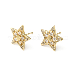 Clear Cubic Zirconia Star Stud Earrings, Rack Plating Brass Jewelry for Women, Lead Free & Cadmium Free, Real 18K Gold Plated, 14x15mm, Pin: 0.8mm