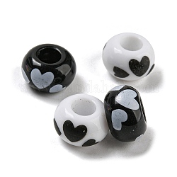 Perles acryliques imprimées, rondelle, noir et blanc, cœur, 13.5x8.5mm, Trou: 5.5~5.6mm
