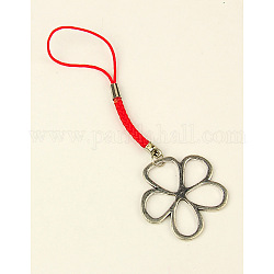 Tibetan Style Mobile Straps, with Nylon Cord, Flower, Red, 110mm