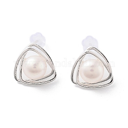 Orecchini a bottone triangolari con perle naturali, orecchini in ottone con 925 perno in argento sterling, argento, 12x12.5mm