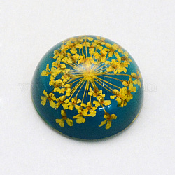 Cabochons en résine, dôme, demi-rond, avec fleurs séchées à l'intérieur, jaune, 17.5~18x8.5~9.5mm