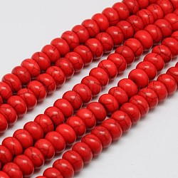 Abalorios de turquesas sintéticas hebras, teñido, rerondana plana, rojo, 8x5mm, agujero: 1 mm, aproximamente 80 pcs / cadena, 15.55 pulgada